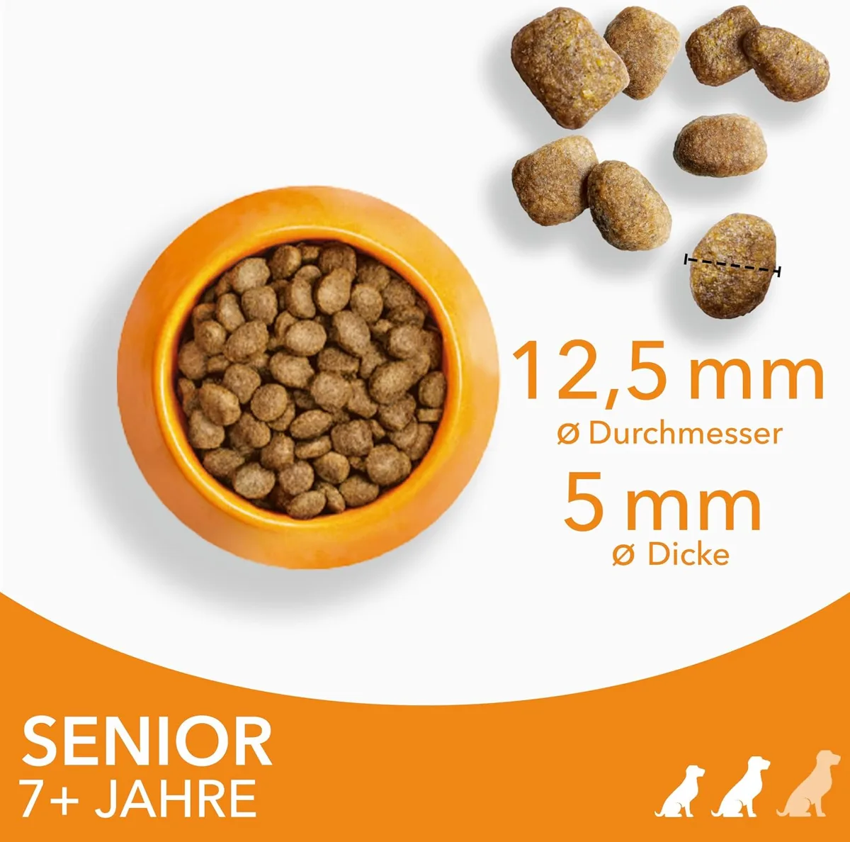 Napf mit Trockenfutter-Kroketten, Angabe 12,5 mm Durchmesser und 5 mm Dicke, Senior 7+ Jahre