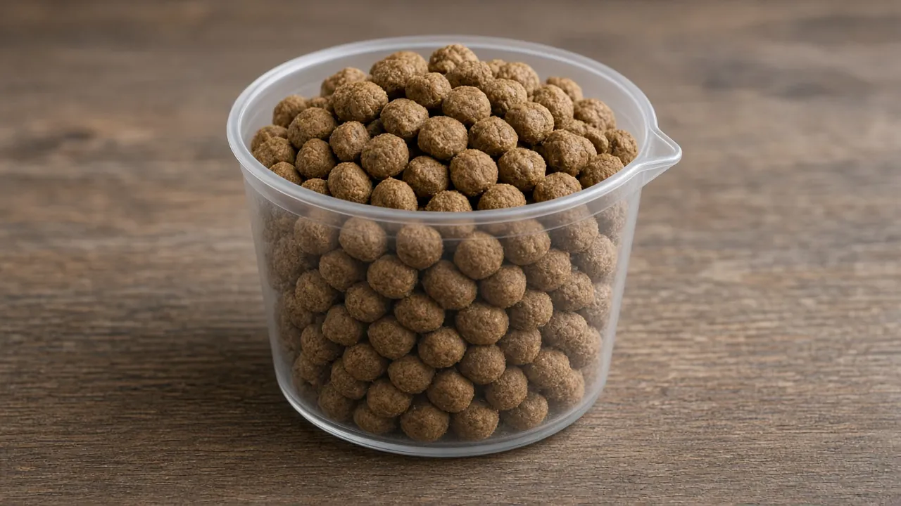 Messbecher randvoll mit runden Trockenfutter-Kroketten für Hunde – Symbolbild (KI-generiert)